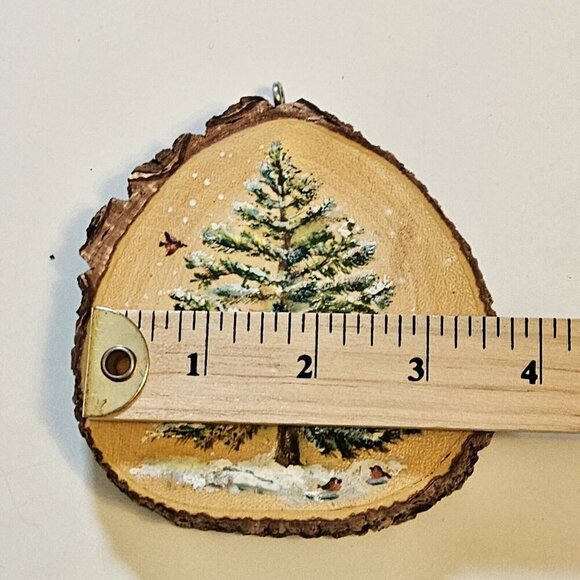 Handmade Round Wood Ornaments Lot of 2 Christmas Winter Hanging Loop Unique Art - Picture 9 of 12